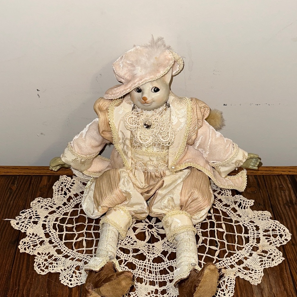Porcelain Puss in boots Cat Doll with Elegant Cream Outfit